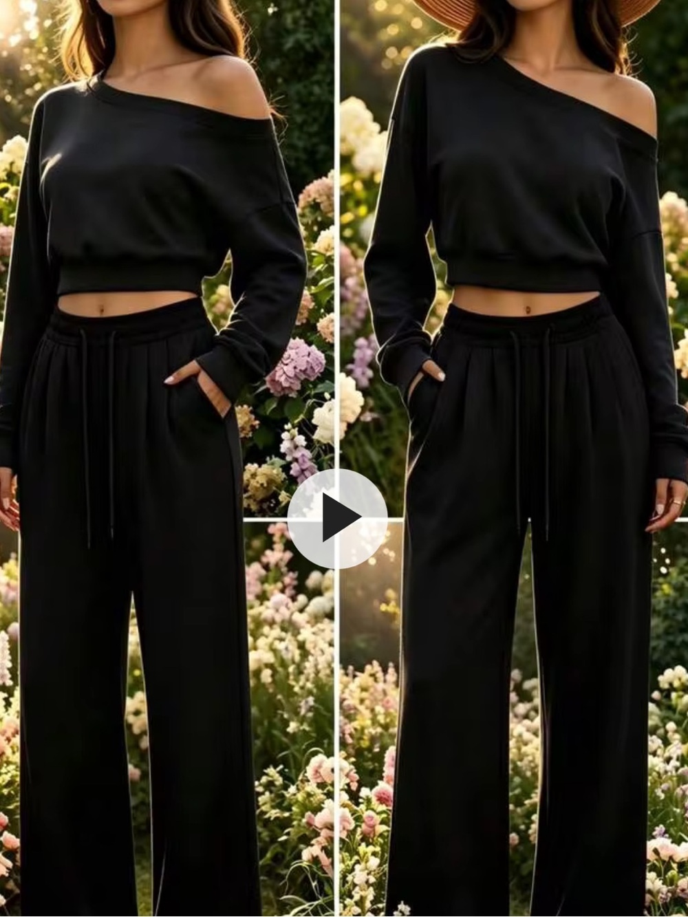 Off-Shoulder Black Wide-Leg Lounge Pants Matching Set NWOT NEW medium
